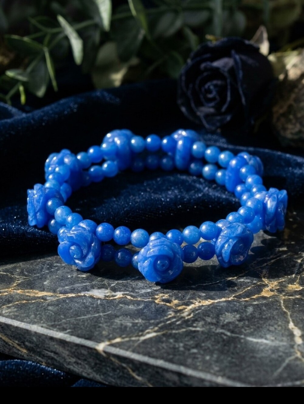 Blue Jade Carved Rose Flower Beaded Stretch Bracelet 240 CTW Coquette Floralcore